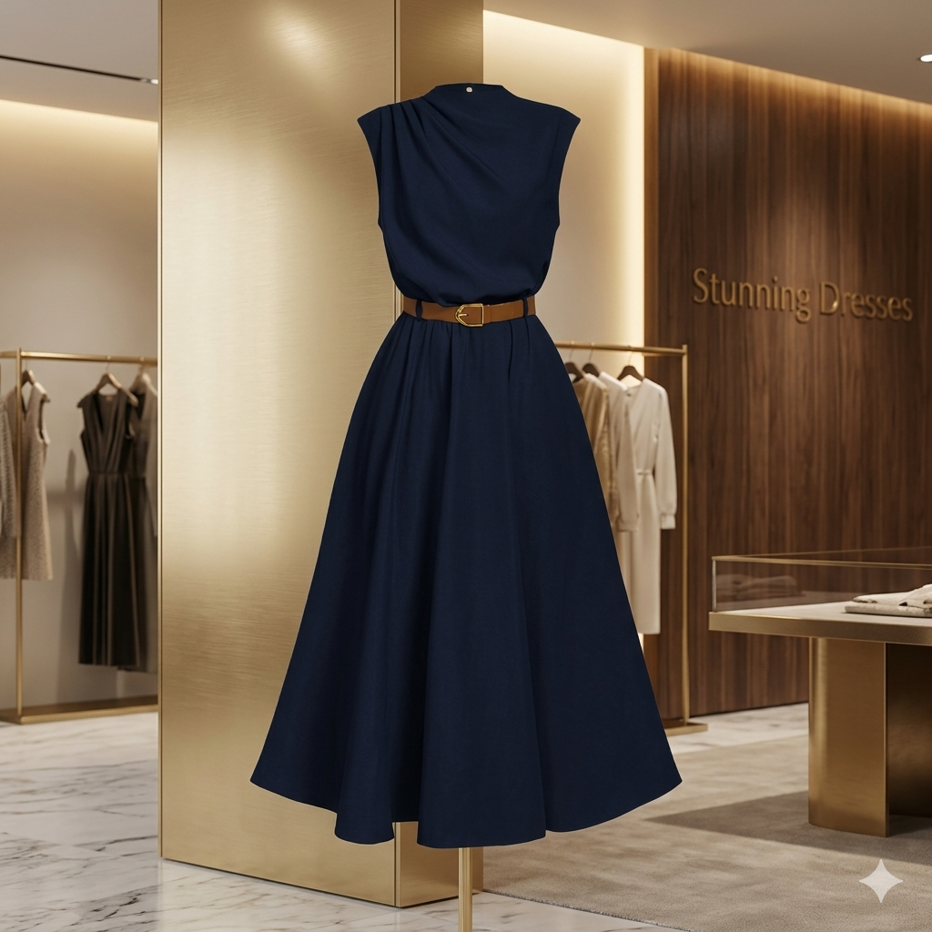 SDD4002 Women's Solid Color Sleeveless Belted Midi Dress – Olive Green Casual Summer Dress UK