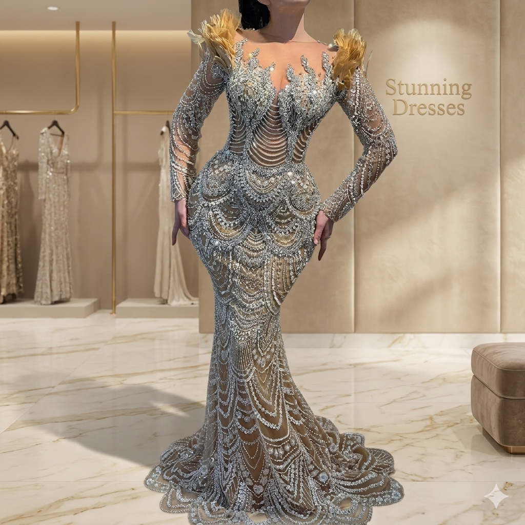 SDE5016 Evening Dress Luxury Nude Beaded Mermaid Gown with Feather Long Sleeves for Women Party