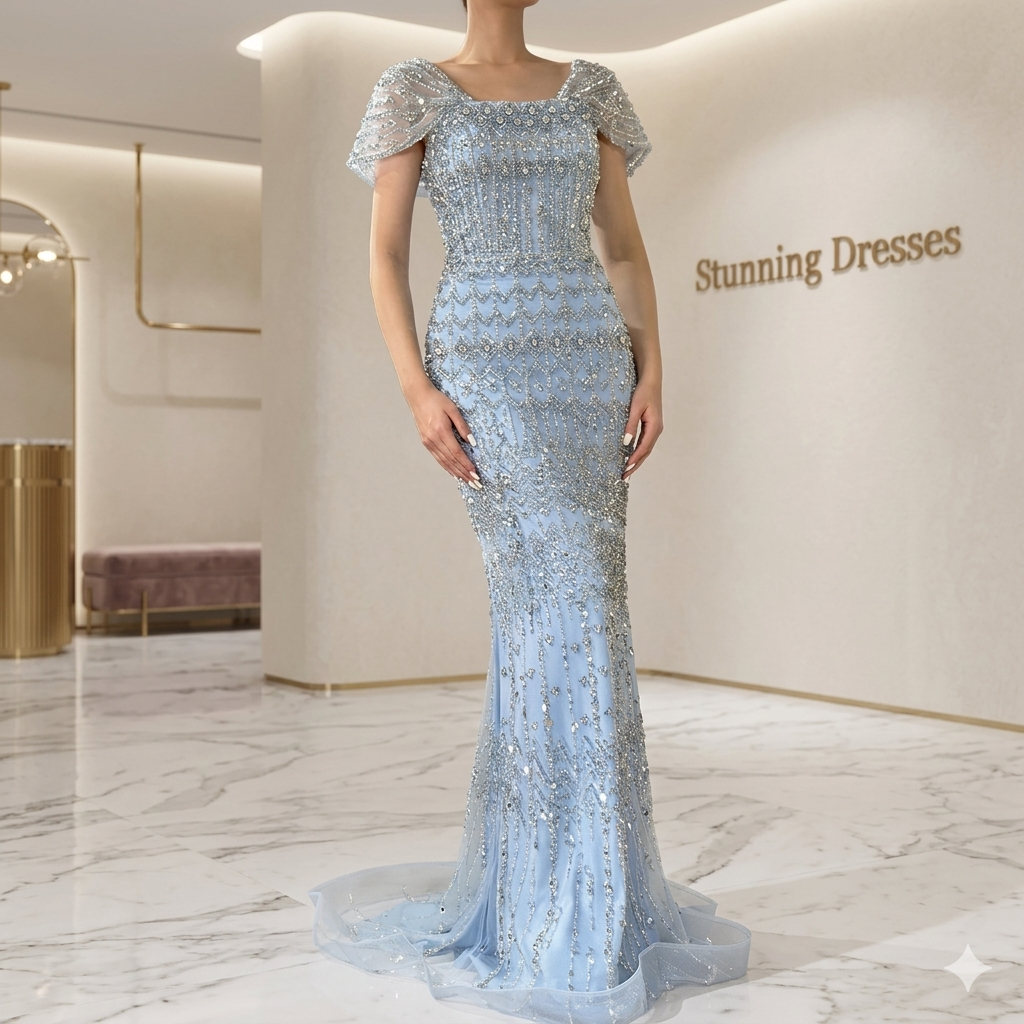 SDE5014 Elegant Arabic White Mermaid Beaded Evening Dress with Short Sleeves | Formal Gown