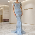 SDE5014 Elegant Arabic White Mermaid Beaded Evening Dress with Short Sleeves | Formal Gown