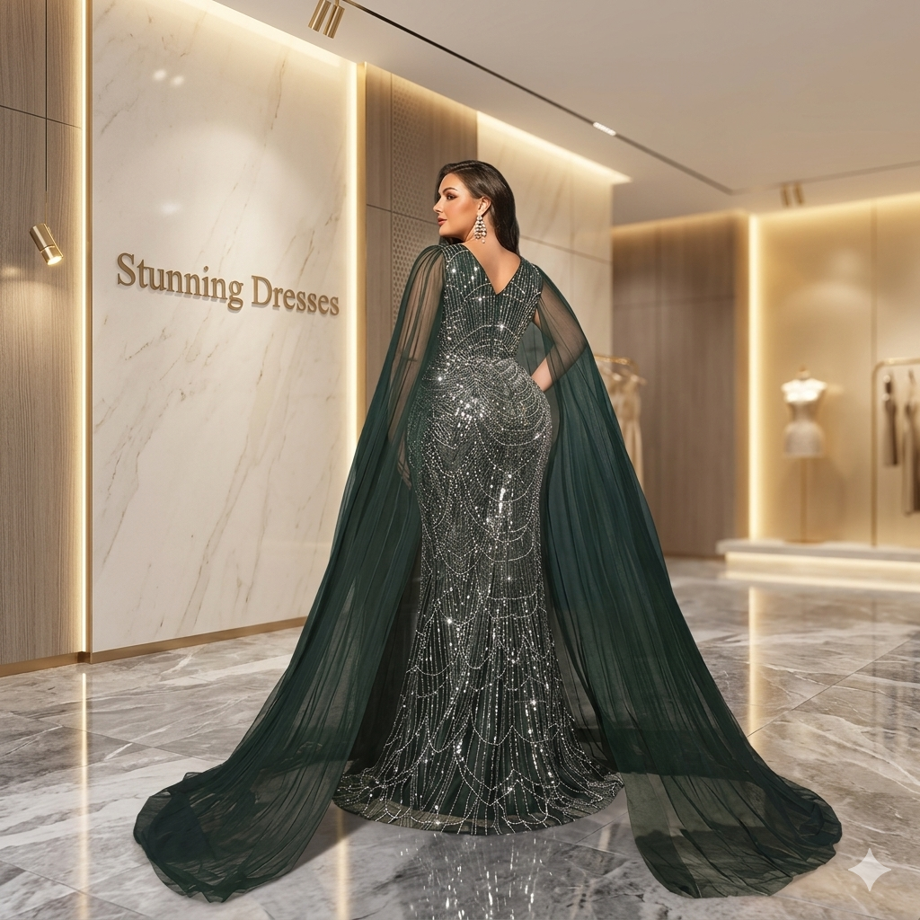 SDE3234 Plus Size Women's Elegant Deep V-Neck Contrast Color Sequin Mermaid Maxi Dress with Cape Sleeves for Wedding & Party