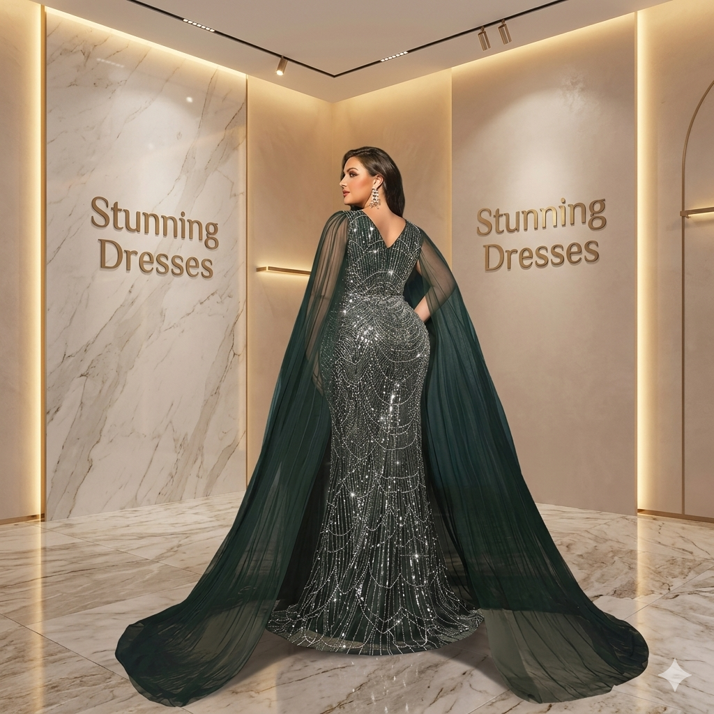 SDE3234 Plus Size Women's Elegant Deep V-Neck Contrast Color Sequin Mermaid Maxi Dress with Cape Sleeves for Wedding & Party