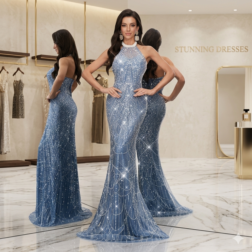 SDE3232 Elegant Beaded Sequin Halter Mermaid Evening Gown for Women | Maxi Dress