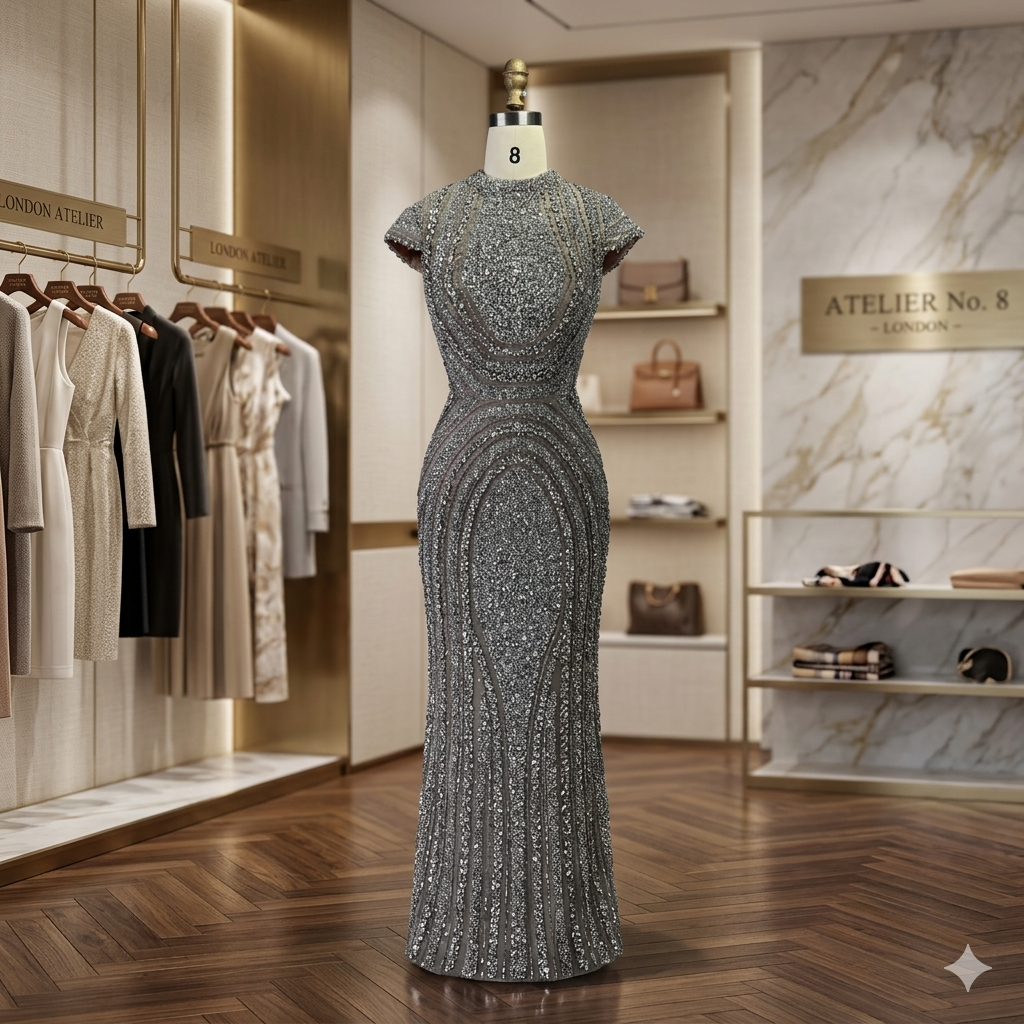 SDE5003 Stunning Arabic Dubai Gray Nude Mermaid Floor Length Beaded Luxury Evening Dress Gown for Wedding Party | Custom Formal Dress