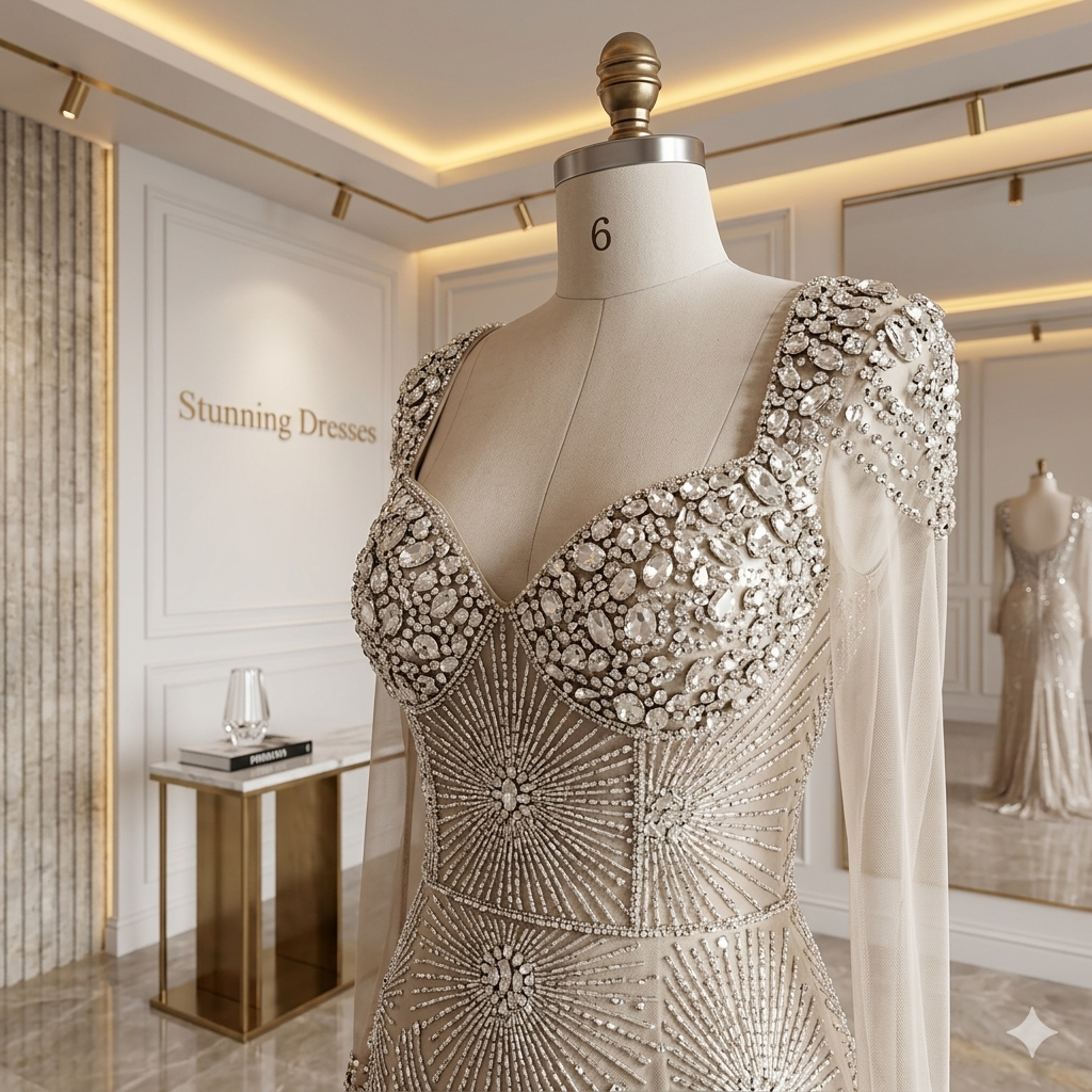 SDE5009 Arabic Silver Nude Beaded Evening Dress with Cape Sleeves | Luxury Wedding Party Gown