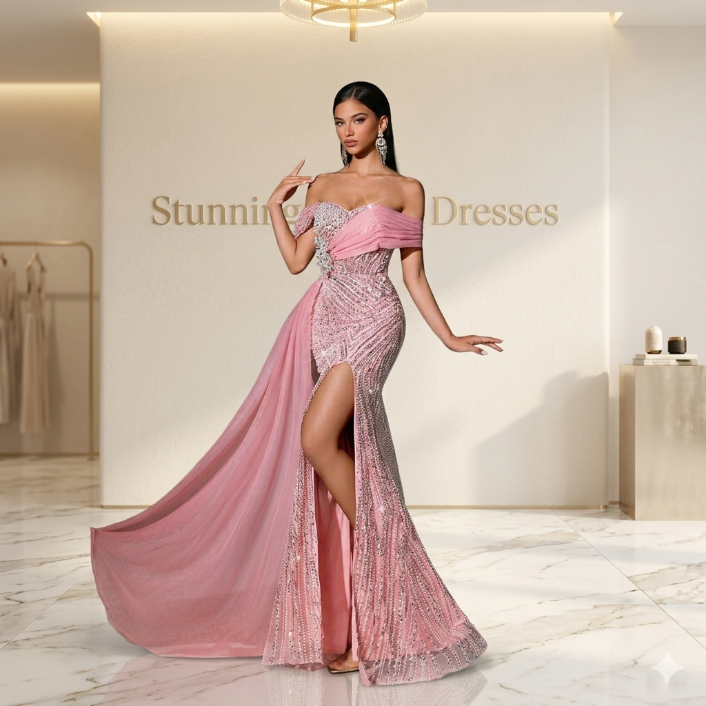 SDE3231 Fairy Style Pink Sequin Mermaid Evening Dress – Off Shoulder High Slit Wedding & Party Gown for Women