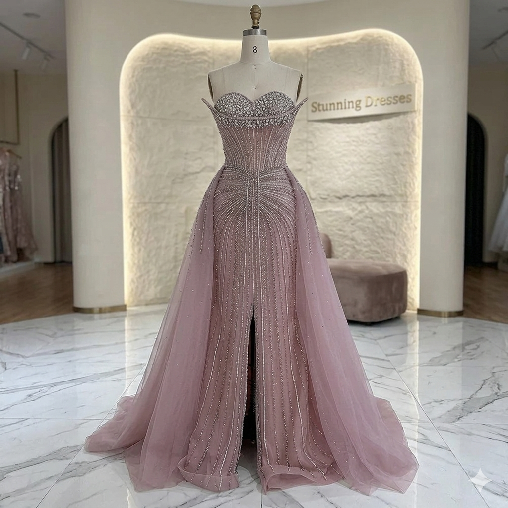 SDE5013 Luxury Pink Crystal Beaded Saudi Mermaid Evening Dress with Overskirt