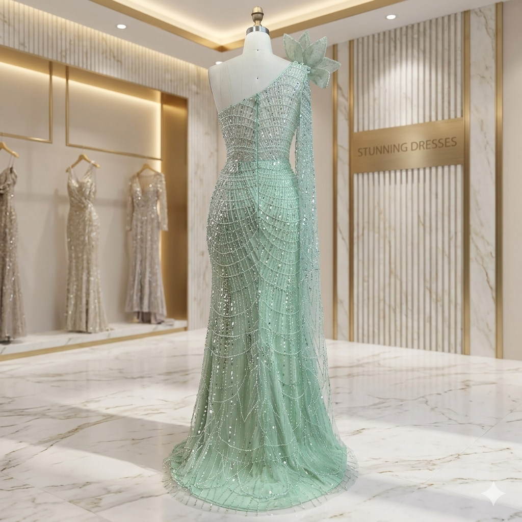 SDE5020 Sage Green Mermaid One Shoulder Pearls Luxury Dubai Arabic Evening Dress Gown for Wedding Party | Customized