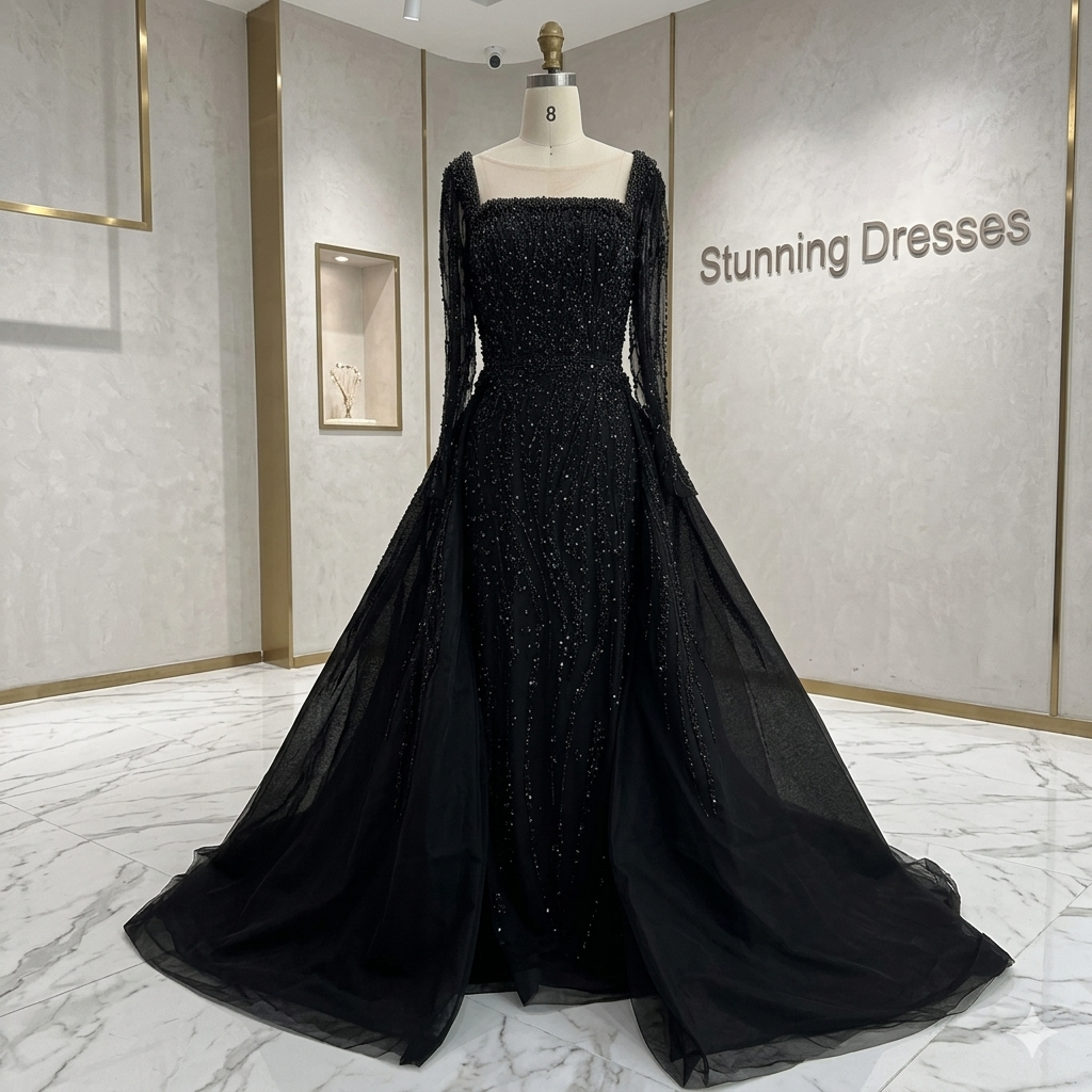 SDE5015 Luxury Arabic Green Mermaid Evening Dress with Overskirt & Beading