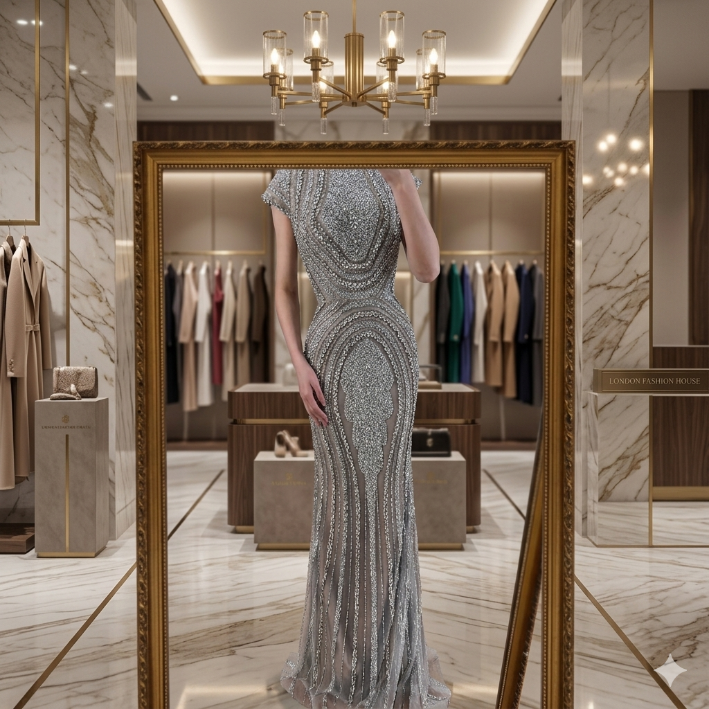 SDE5003 Stunning Arabic Dubai Gray Nude Mermaid Floor Length Beaded Luxury Evening Dress Gown for Wedding Party | Custom Formal Dress