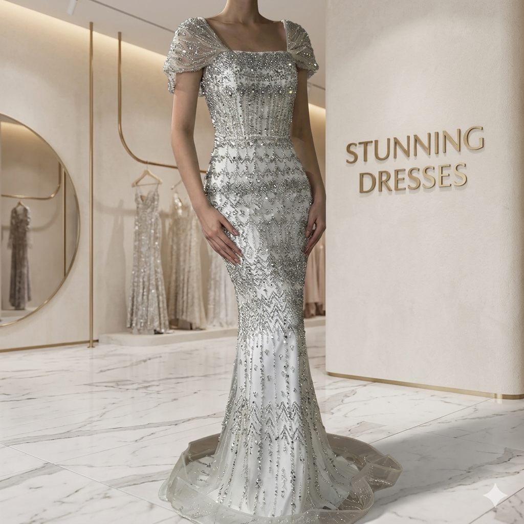 SDE5014 Elegant Arabic White Mermaid Beaded Evening Dress with Short Sleeves | Formal Gown