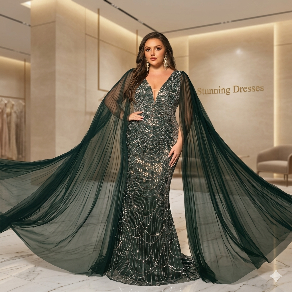 SDE3234 Plus Size Women's Elegant Deep V-Neck Contrast Color Sequin Mermaid Maxi Dress with Cape Sleeves for Wedding & Party