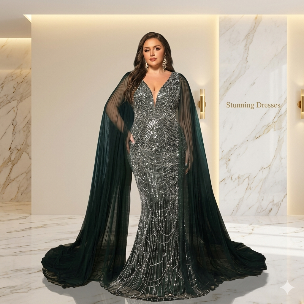 SDE3234 Plus Size Women's Elegant Deep V-Neck Contrast Color Sequin Mermaid Maxi Dress with Cape Sleeves for Wedding & Party