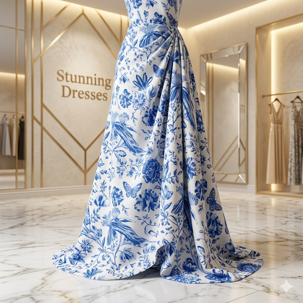 SDD4003 Elegant White & Blue Floral Summer Dress – Chinese Style Buckle Detail Wedding Guest Midi Dress UK