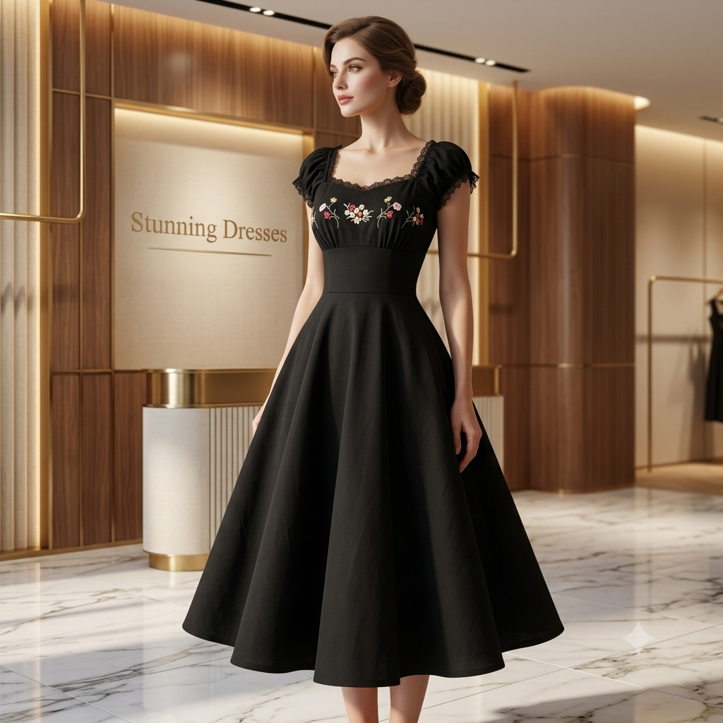 SDD4006 Women's Black Embroidered Shell Sleeve Midi Dress – Vintage Wedding Guest Dress UK