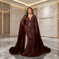 SDE3234 Plus Size Women's Elegant Deep V-Neck Contrast Color Sequin Mermaid Maxi Dress with Cape Sleeves for Wedding & Party