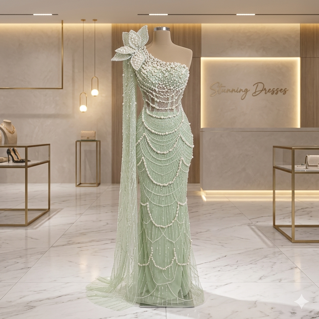 SDE5020 Sage Green Mermaid One Shoulder Pearls Luxury Dubai Arabic Evening Dress Gown for Wedding Party | Customized