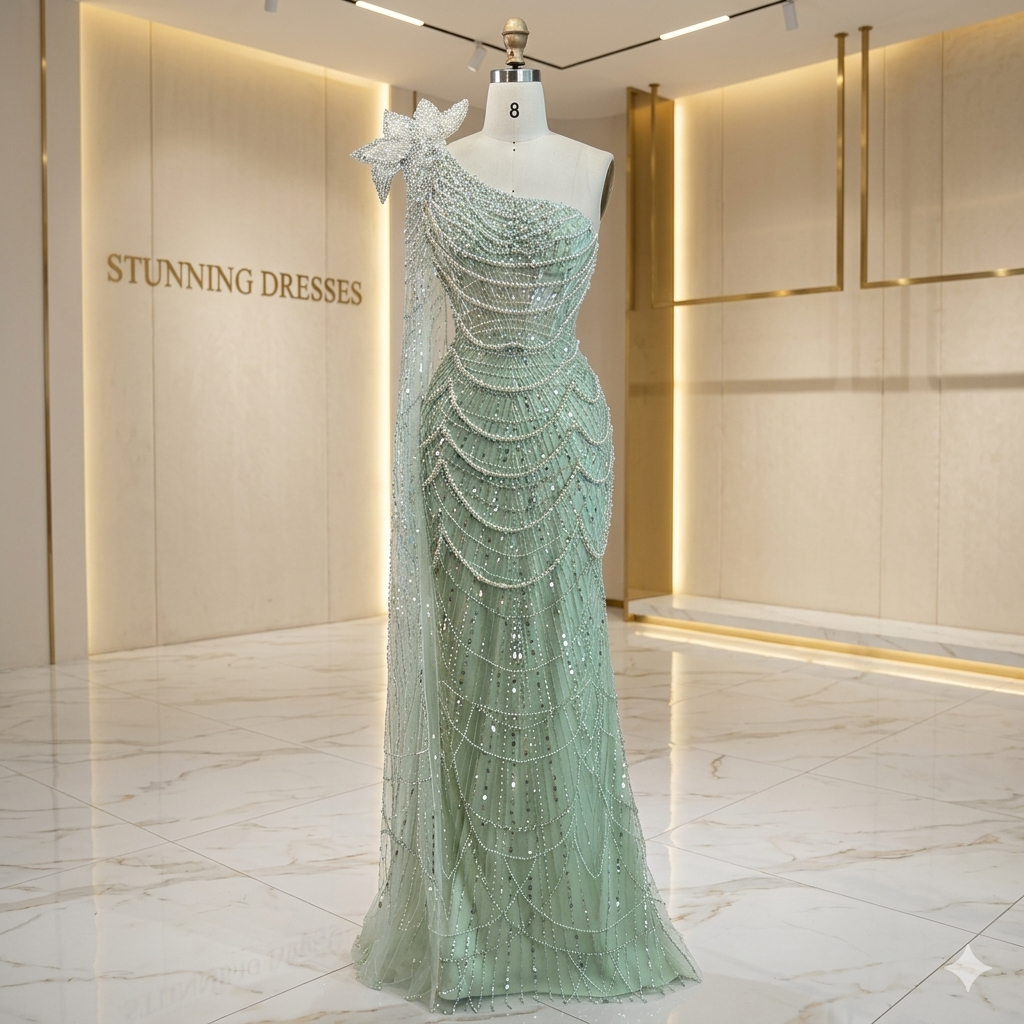 SDE5020 Sage Green Mermaid One Shoulder Pearls Luxury Dubai Arabic Evening Dress Gown for Wedding Party | Customized
