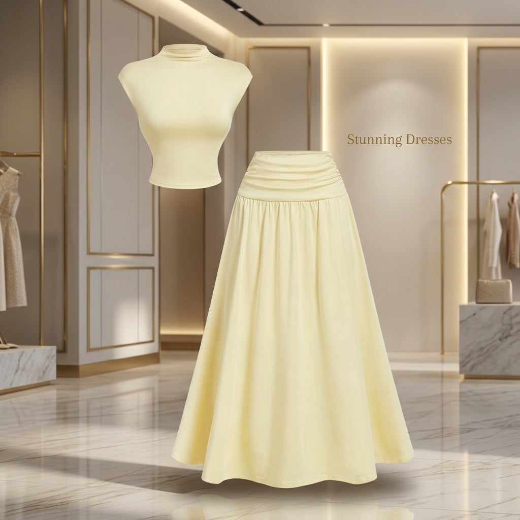 SDD4004 Women's Light Yellow Cotton 2 Piece Set – Sleeveless Mandarin Collar Top & Fitted Bottoms UK