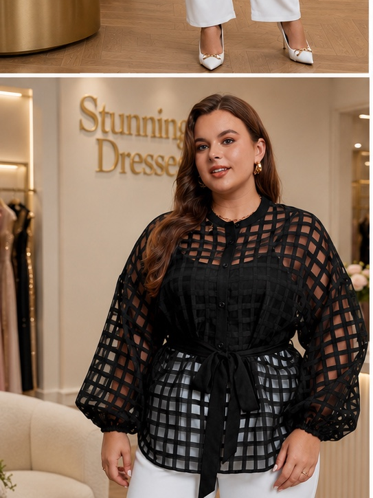 SDT 4001 Black Sheer Grid Belted Blouse