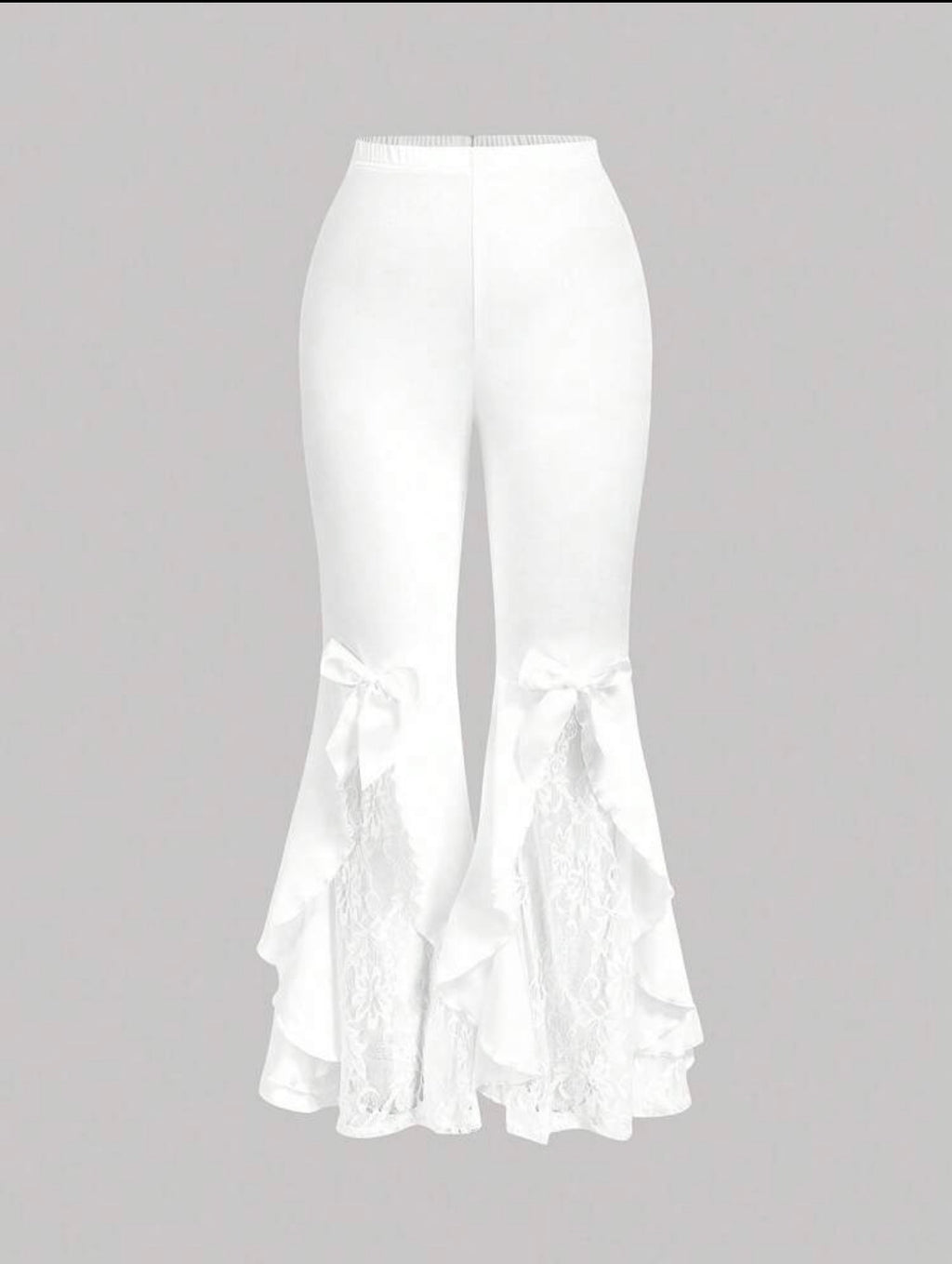 White lace flare trousers bow detail