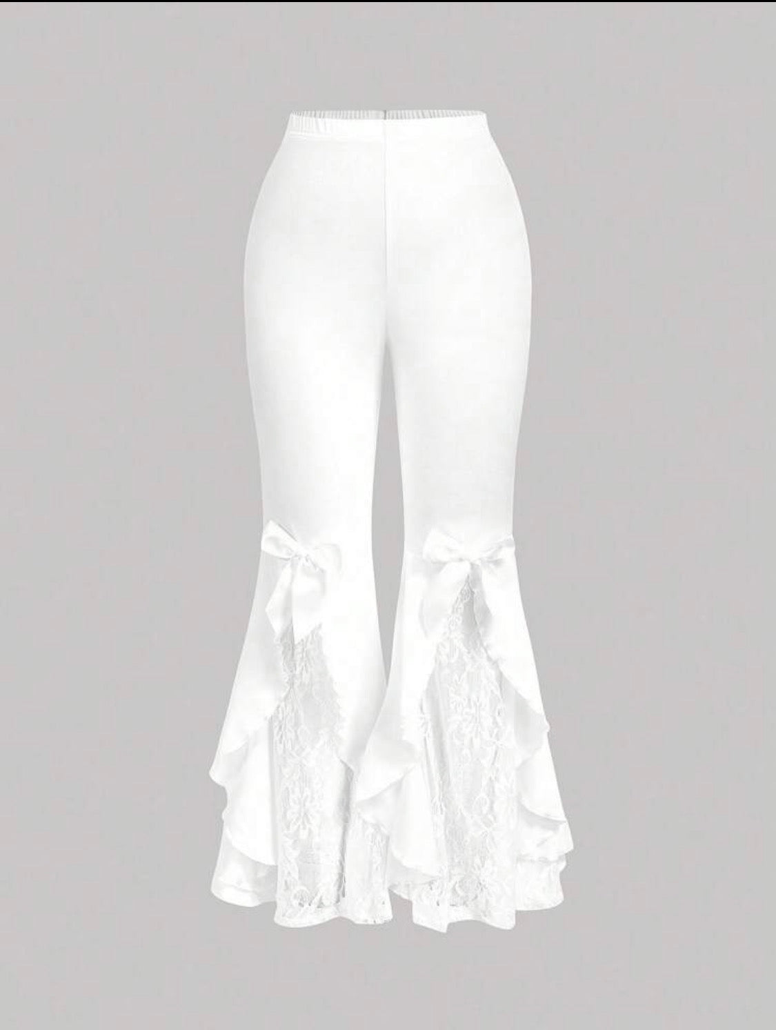 White lace flare trousers bow detail