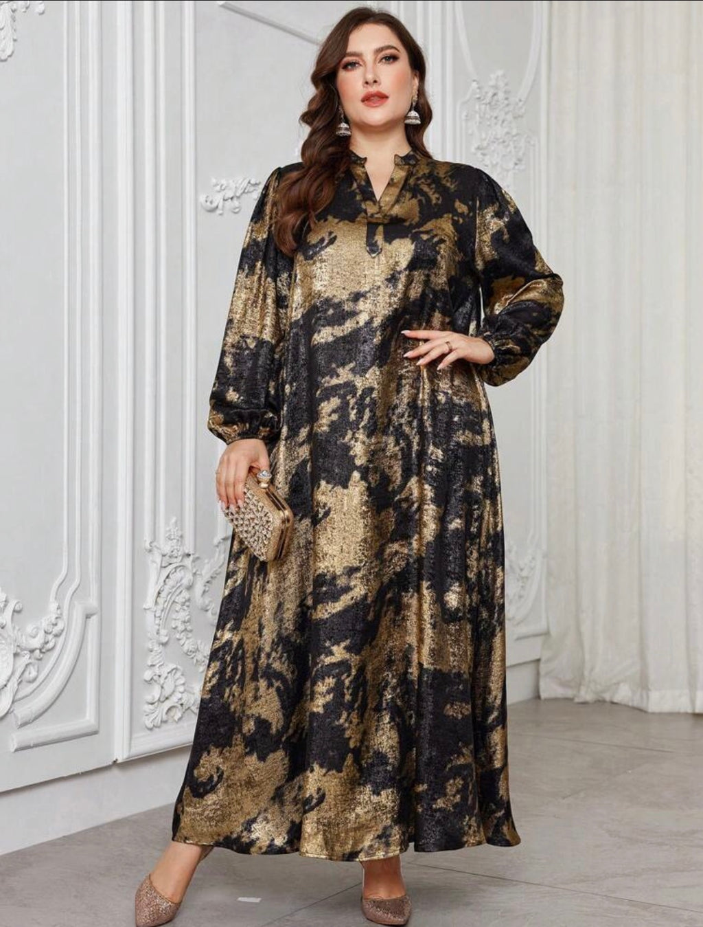 SDD4007 Black Gold Metallic Maxi Dress front view