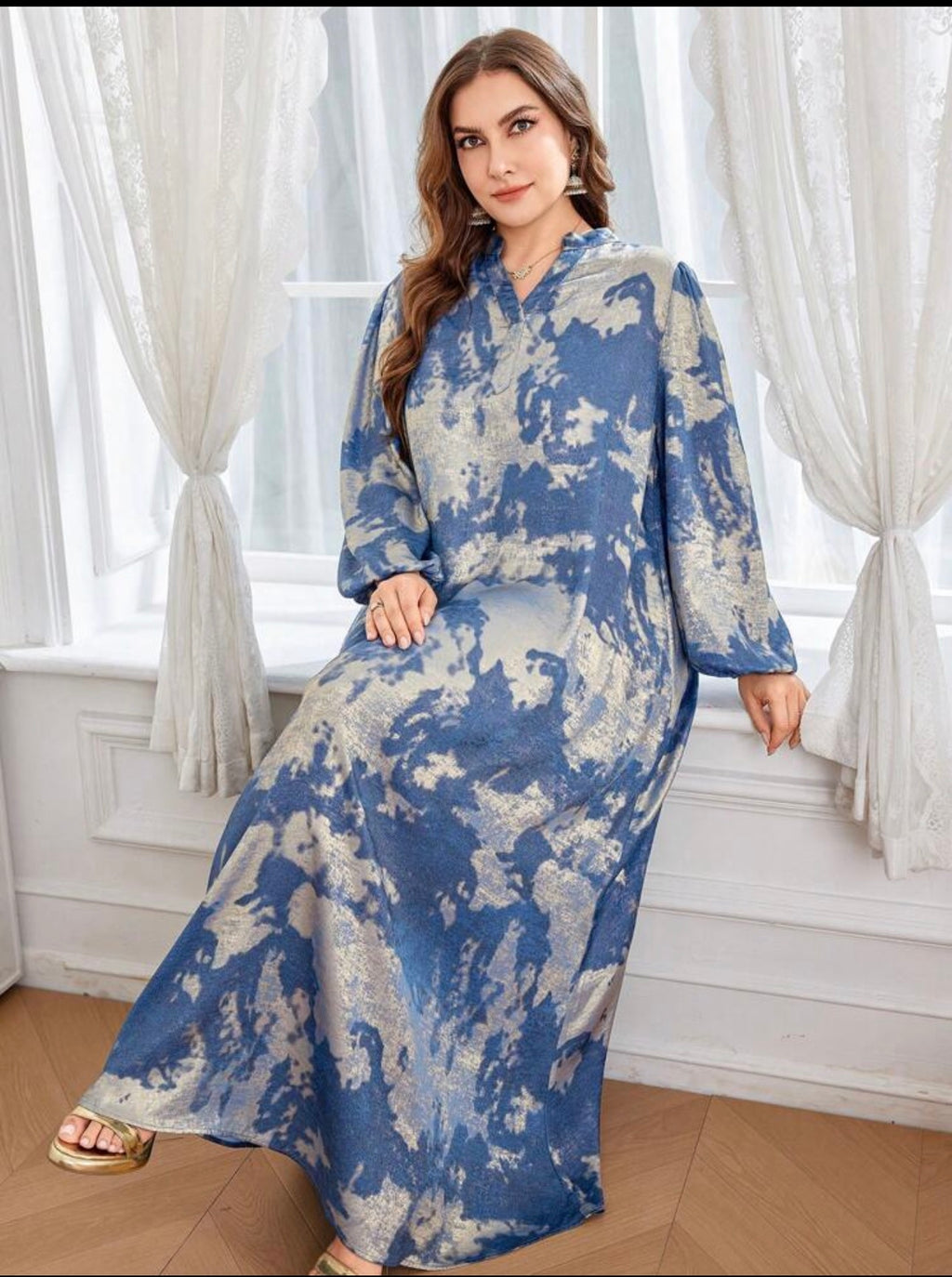 SDD4007 Blue Silver Metallic Maxi Dress front view