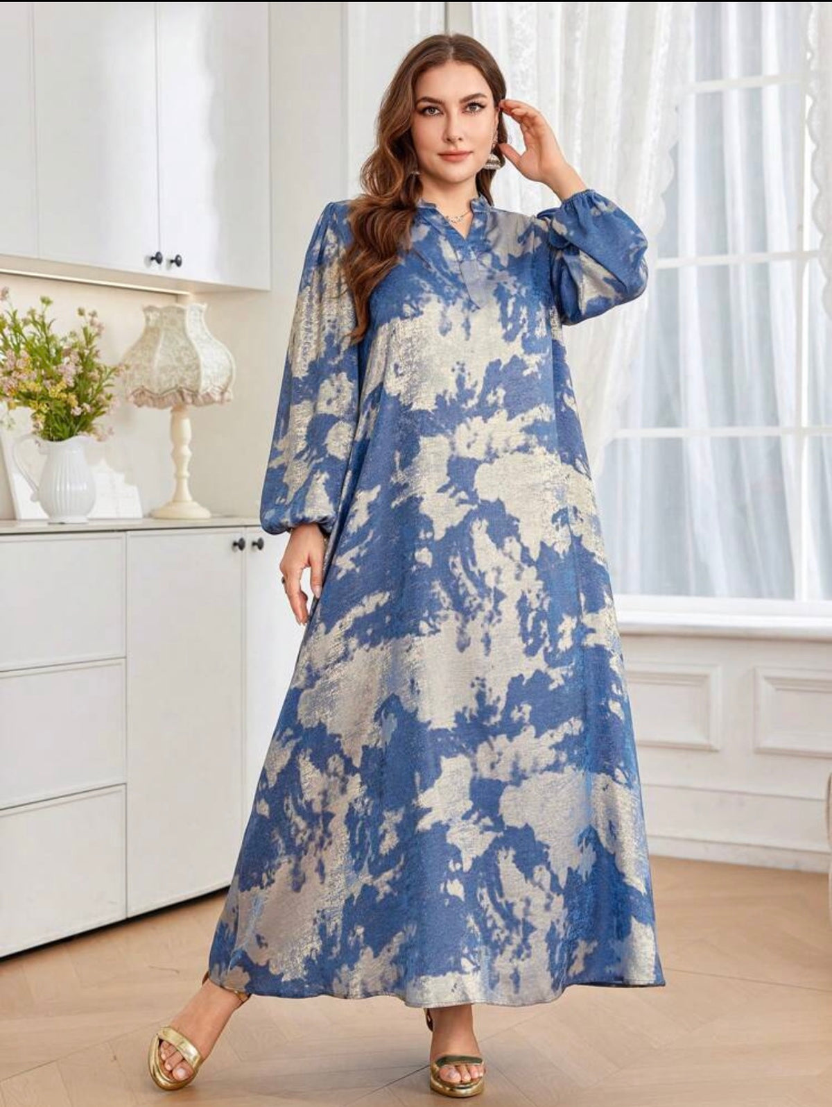 SDD4007 Blue Silver Metallic Maxi Dress close up