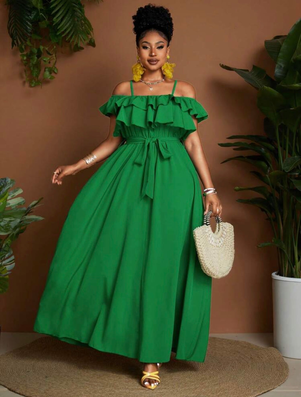 Cold Shoulder Ruffle Maxi Dress in Yellow - front view
