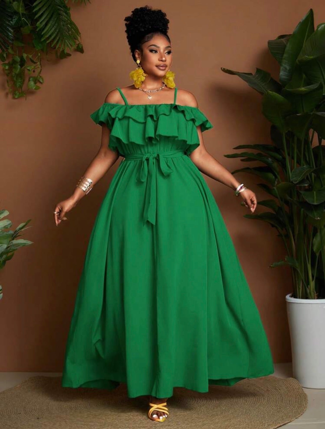 Cold Shoulder Ruffle Maxi Dress in Yellow - detail