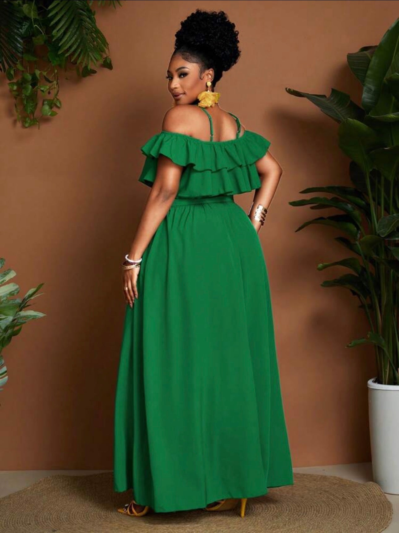 Cold Shoulder Ruffle Maxi Dress in Yellow - styled