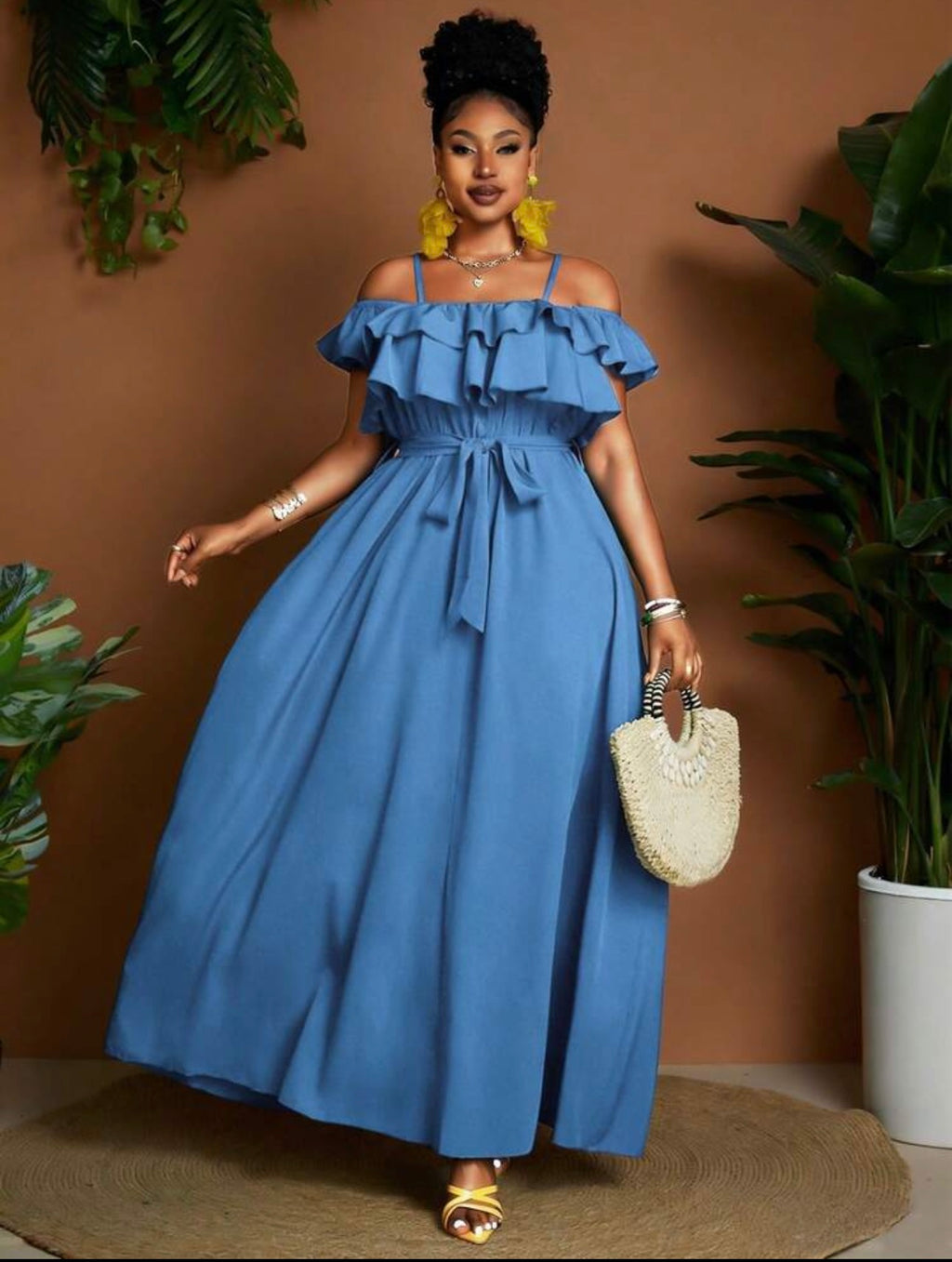 Cold Shoulder Ruffle Maxi Dress in Yellow - full length