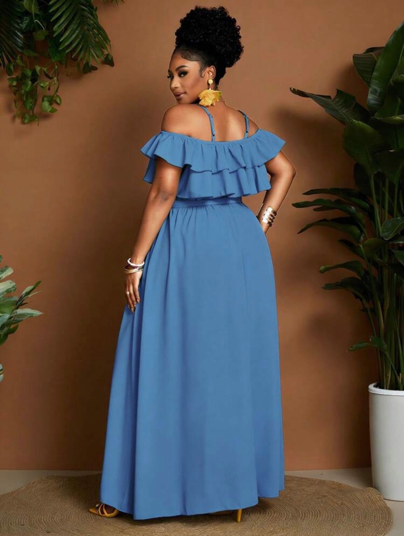 Cold Shoulder Ruffle Maxi Dress in Yellow - model shot