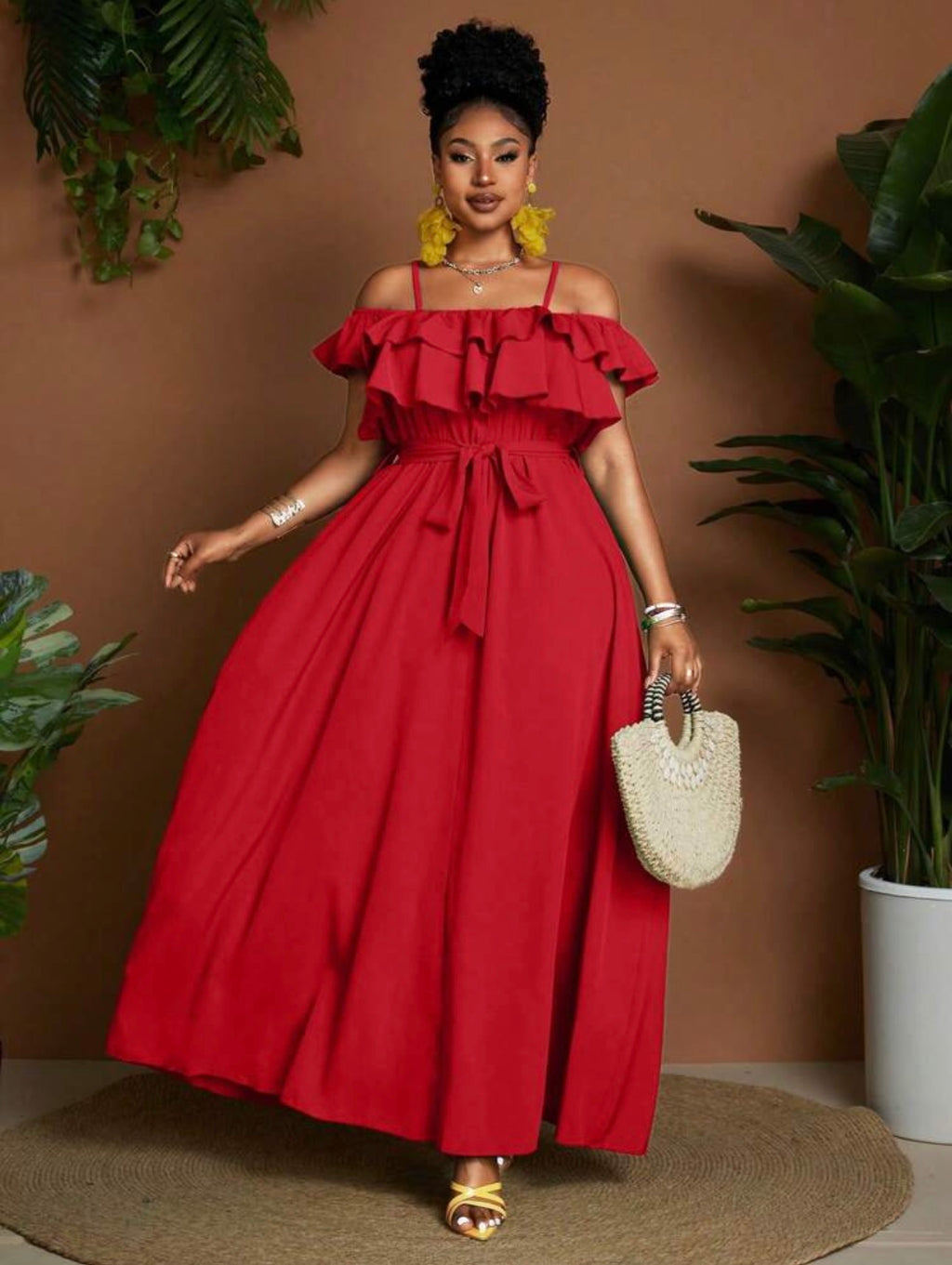 Cold Shoulder Ruffle Maxi Dress in Yellow - side view