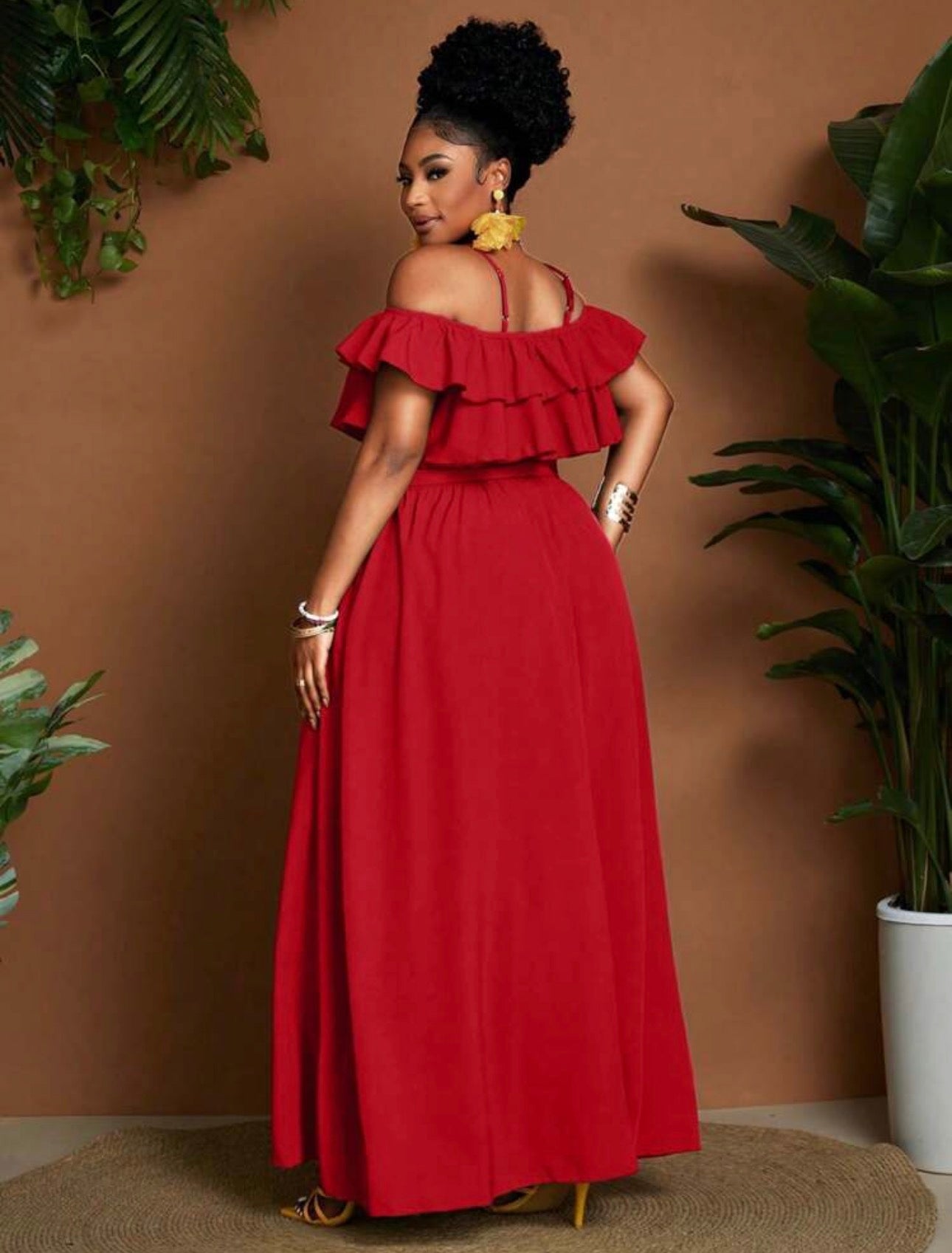 Cold Shoulder Ruffle Maxi Dress in Yellow - editorial