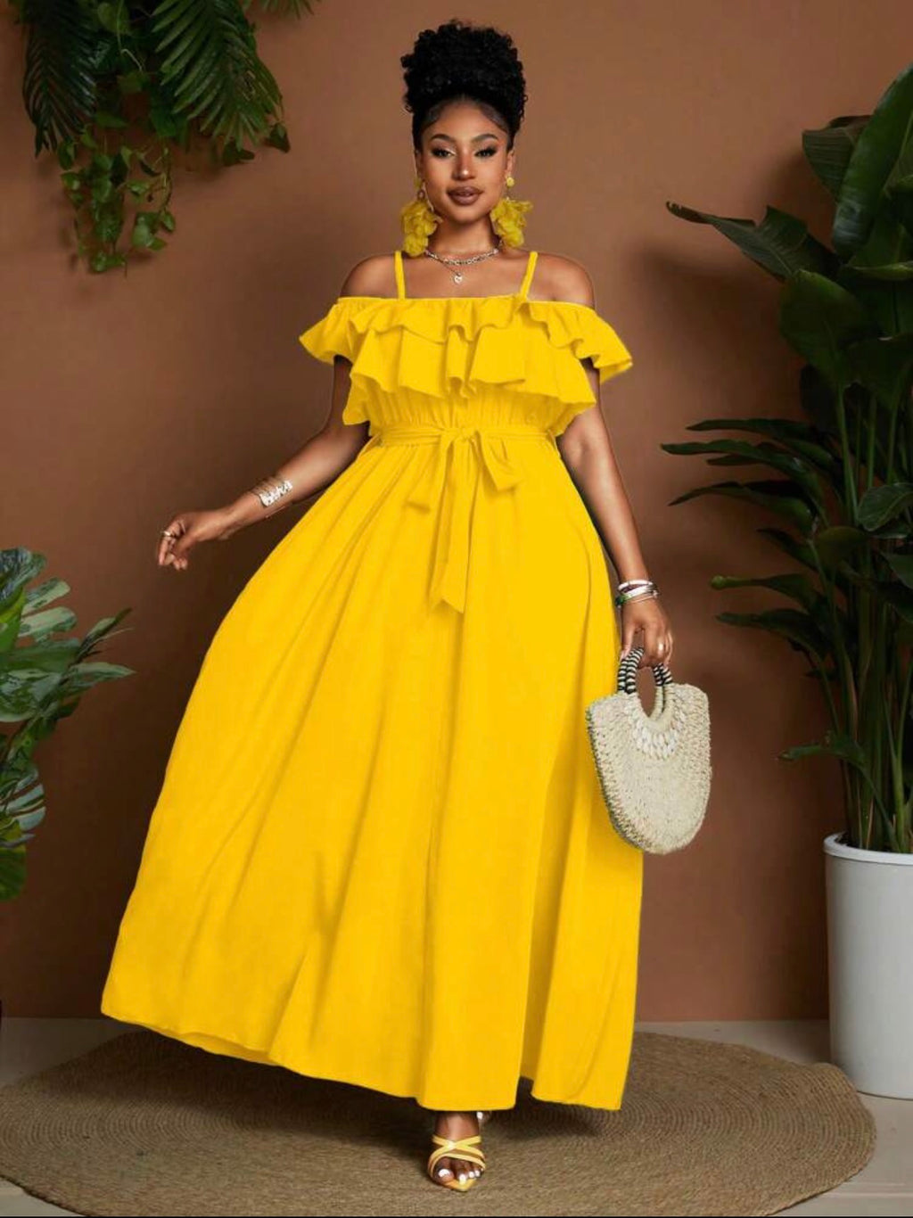 Cold Shoulder Ruffle Maxi Dress in Yellow - waist detail