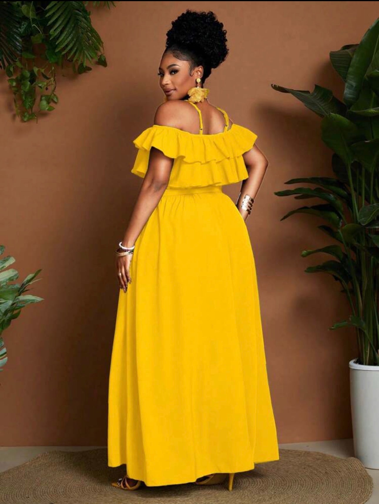 Cold Shoulder Ruffle Maxi Dress in Yellow - skirt detail