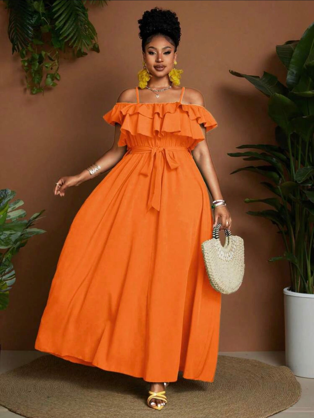Cold Shoulder Ruffle Maxi Dress in Burnt Orange - front view