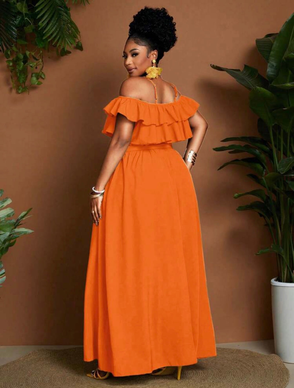 Cold Shoulder Ruffle Maxi Dress in Burnt Orange - back view