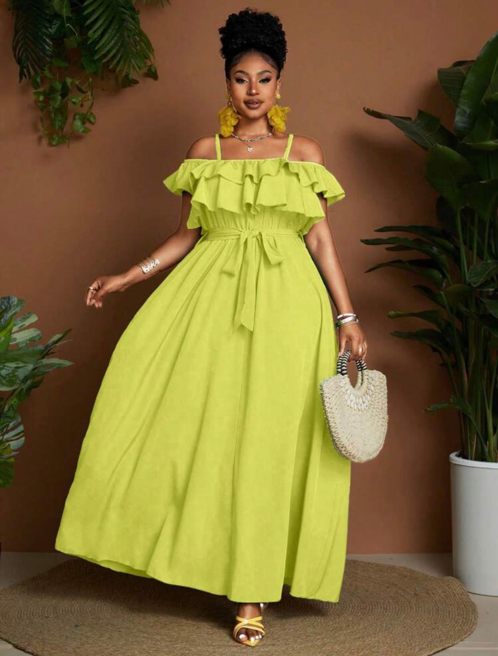 Cold Shoulder Ruffle Maxi Dress in Lime Green - front view