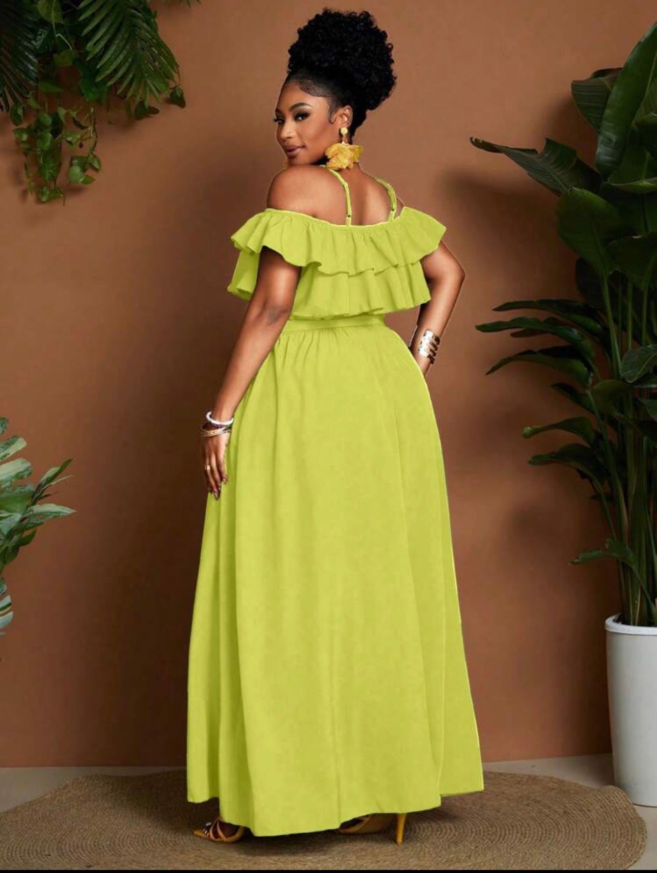 Cold Shoulder Ruffle Maxi Dress in Lime Green - back view