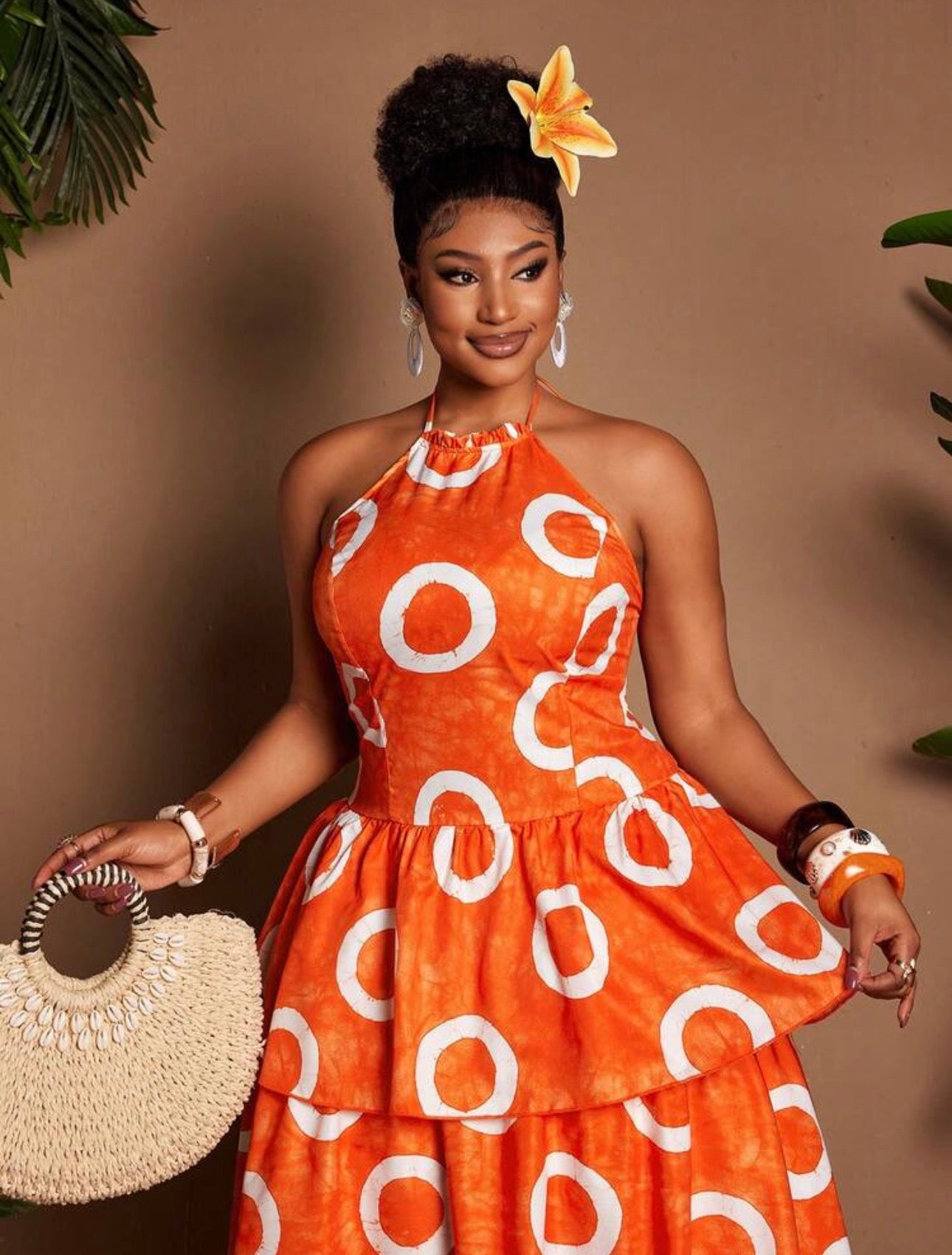Orange Circle Print Halter Neck Tiered Maxi Dress - close up front