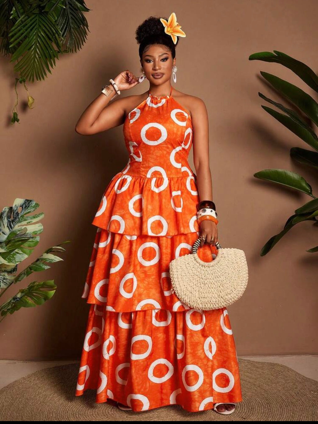 Orange Circle Print Halter Neck Tiered Maxi Dress - full length front