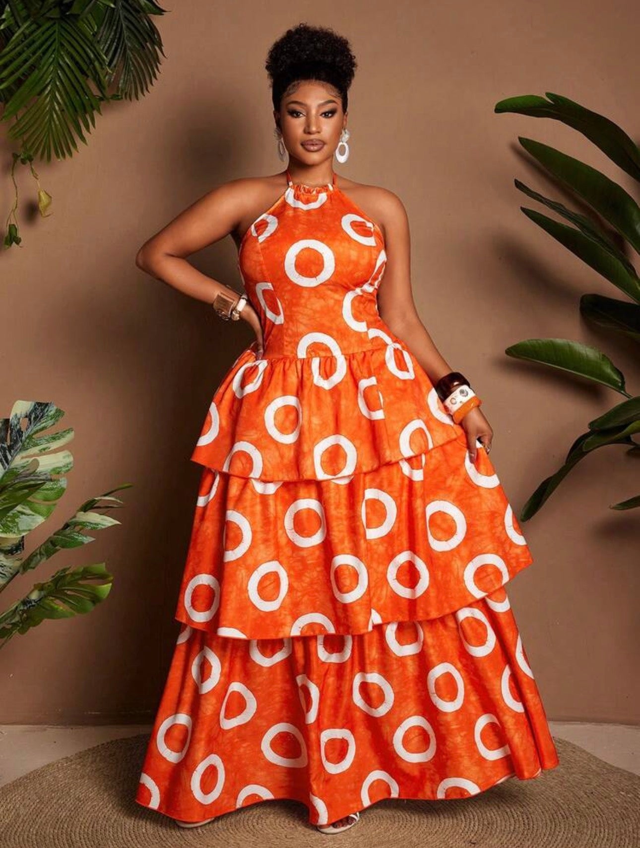 Orange Circle Print Halter Neck Tiered Maxi Dress - full length side