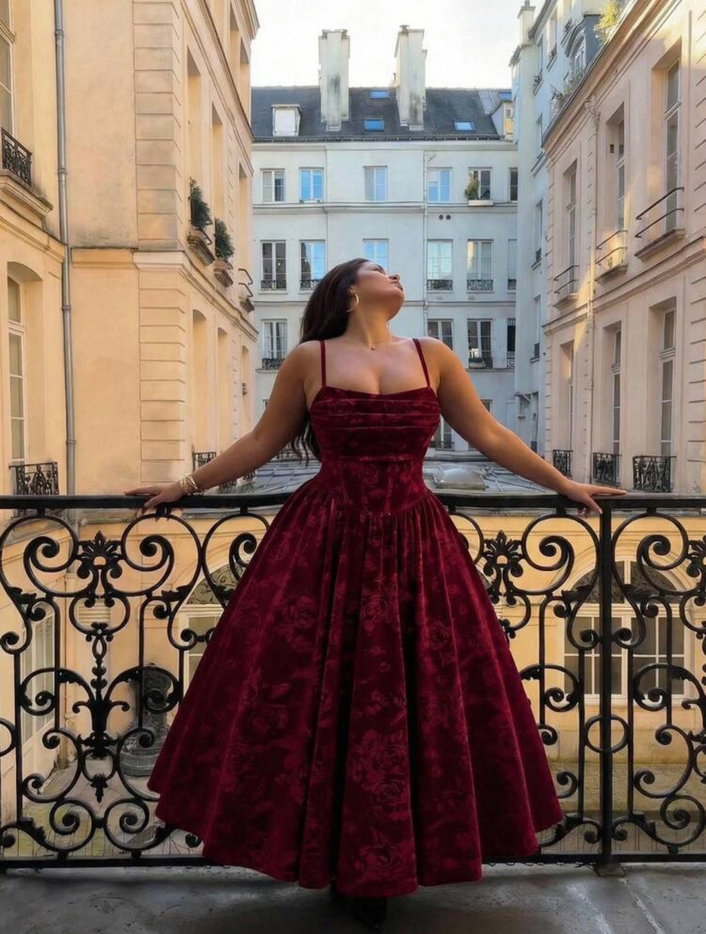 Burgundy Velvet Embossed Rose Midi Dress - front view