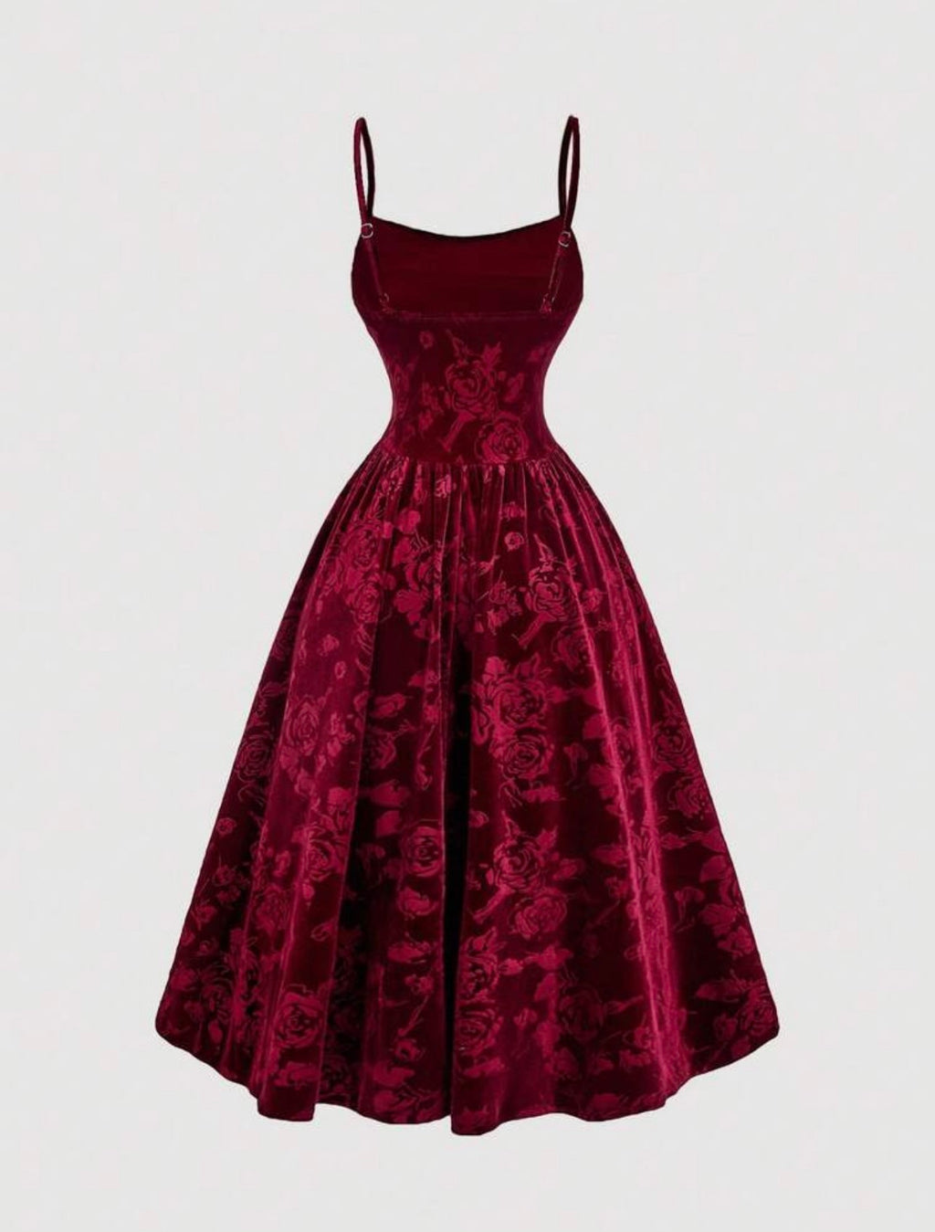 Burgundy Velvet Embossed Rose Midi Dress - front ruched detail
