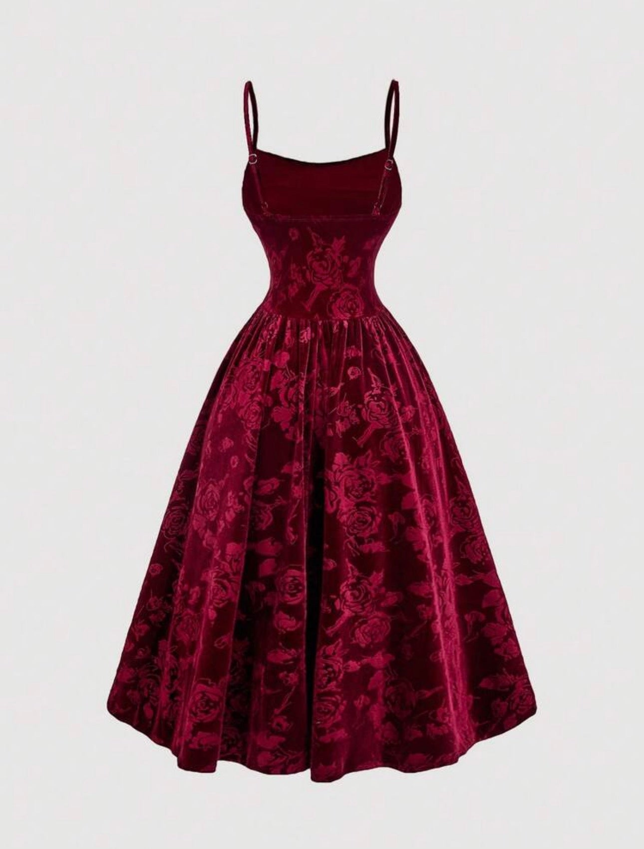 Burgundy Velvet Embossed Rose Midi Dress - front ruched detail
