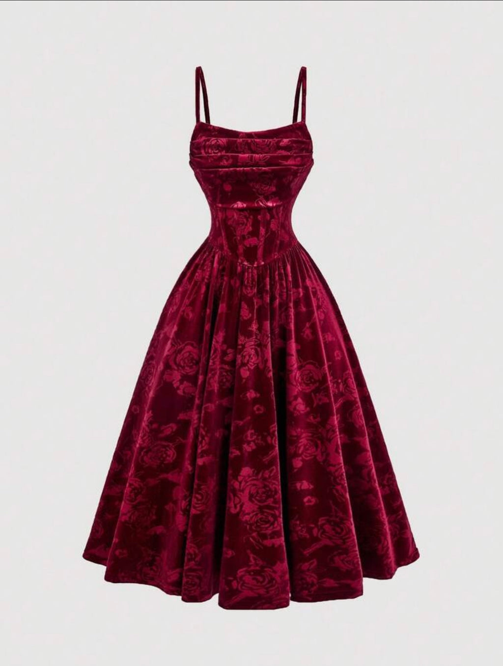 Burgundy Velvet Embossed Rose Midi Dress - fabric close up