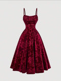 Burgundy Velvet Embossed Rose Midi Dress - fabric close up